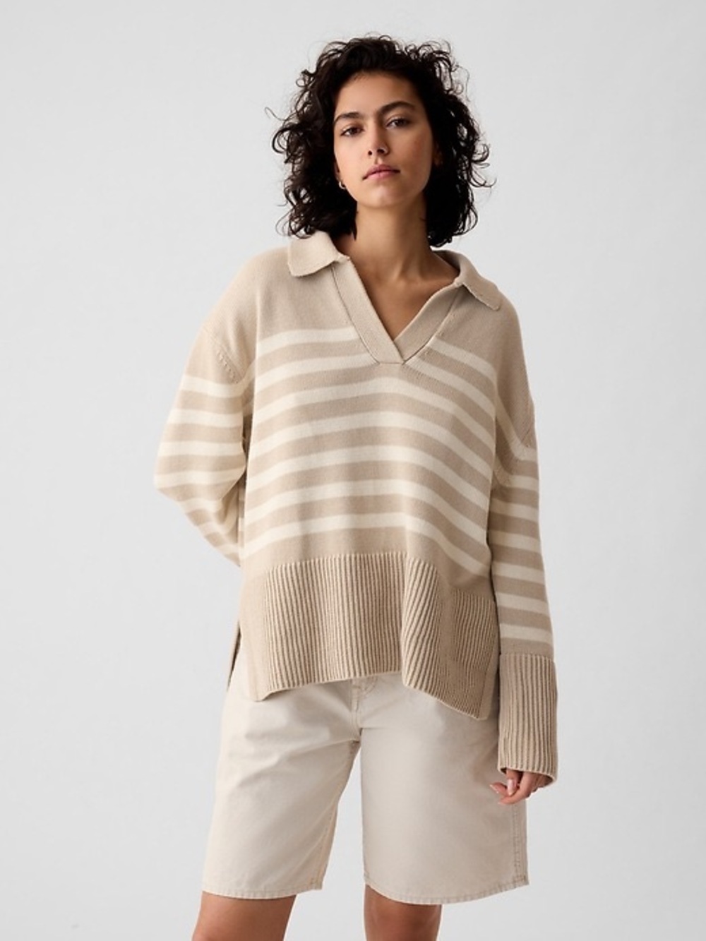 NWOT Gap 24/7 Split Hem Polo Sweater Beige Stripe M Cotton Oversized